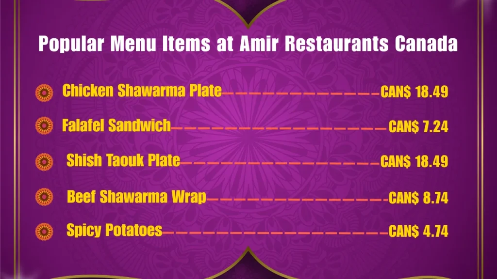 Popular Menu Items at Amir Restaurants Canada
